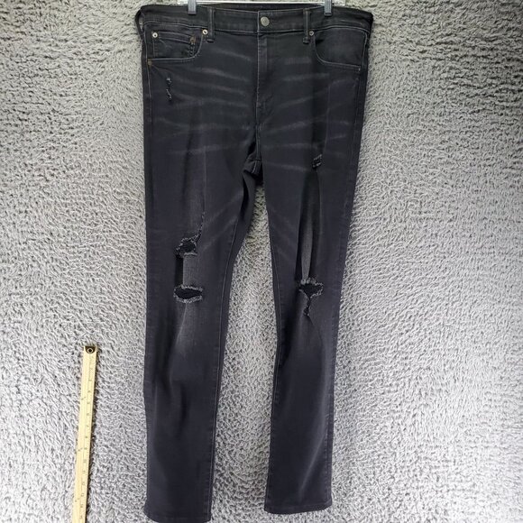 American Eagle Outfitters Jeans Mens 38x36 Black Stacked Skinny Distressed - Picture 1 of 14